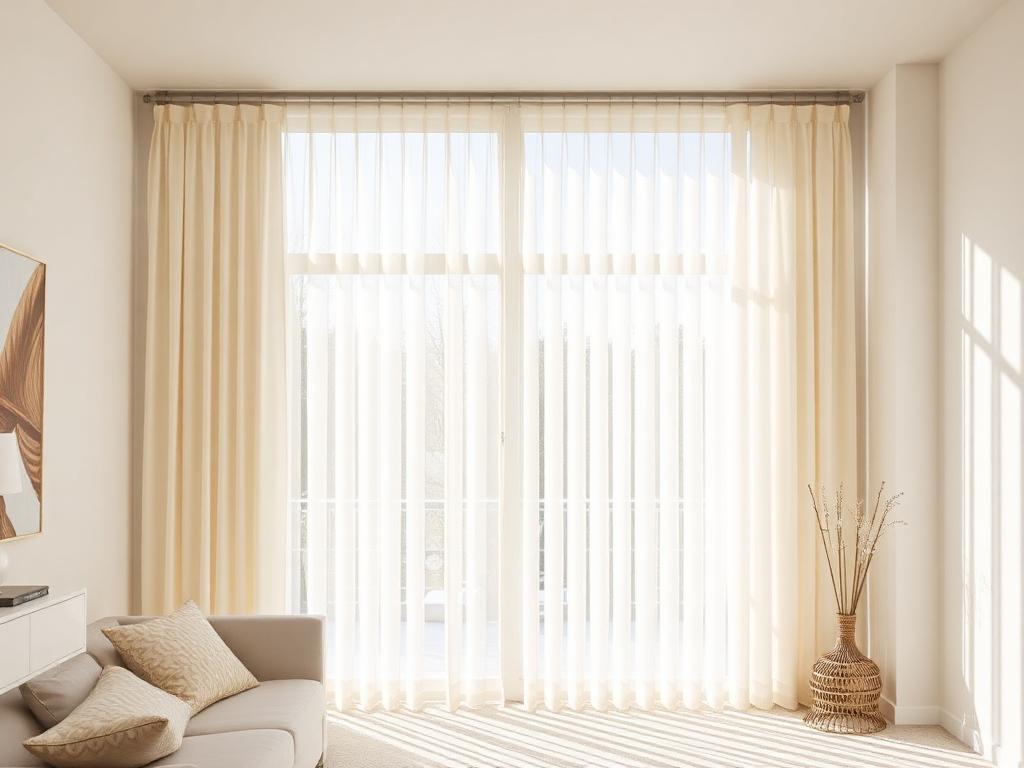 Fényáteresztő textil szalagfüggöny világos nappaliban, áttetsző lamellák