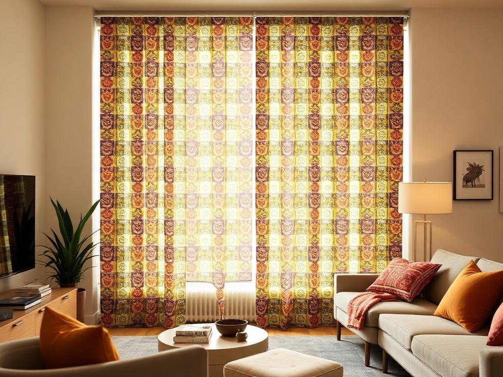 Mintás textil szalagfüggöny dekoratív lamellákkal egy stílusos nappaliban