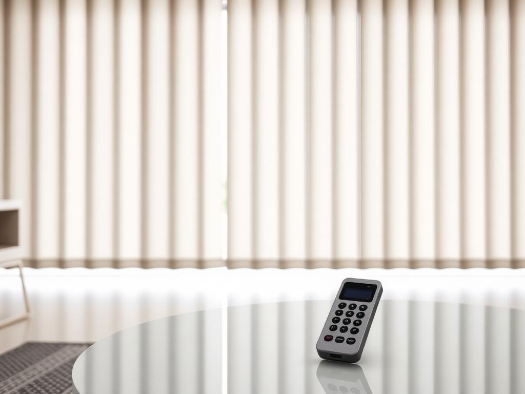 Motoros textil szalagfüggöny távirányítóval egy modern nappaliban