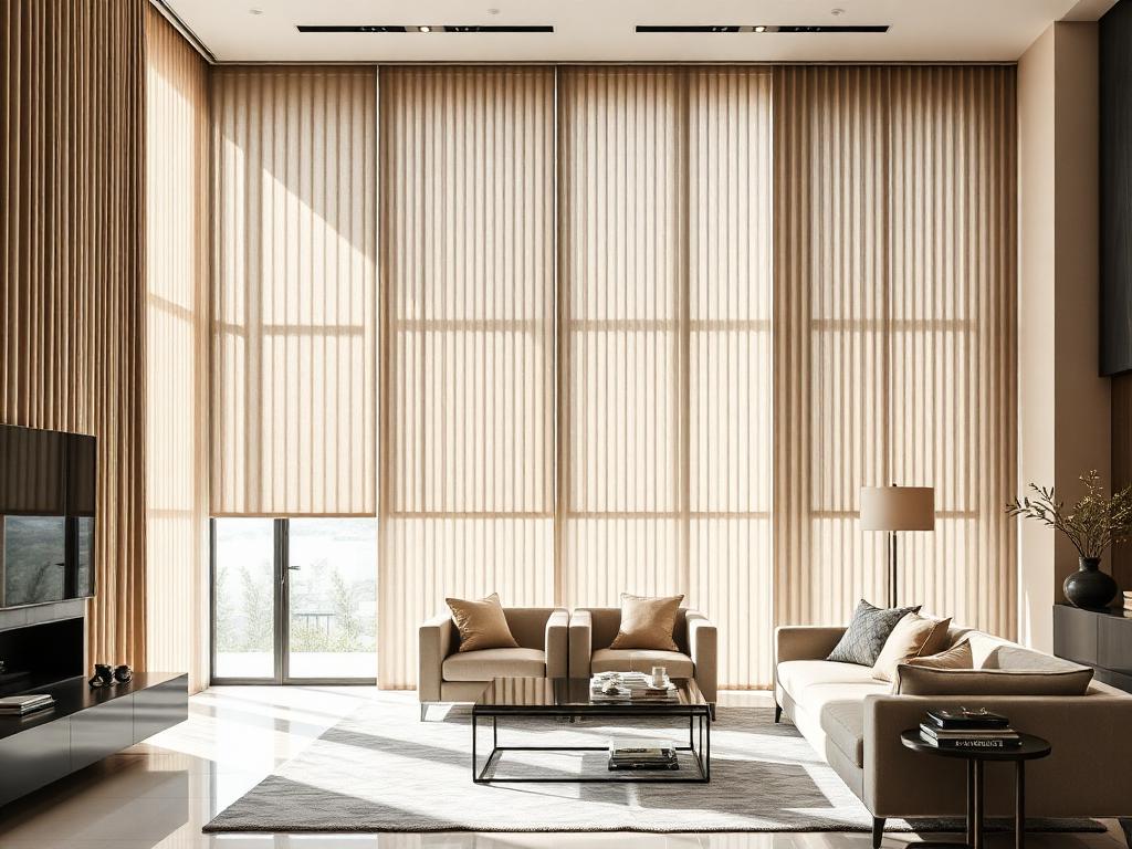 Prémium textil szalagfüggöny elegáns lamellákkal egy luxus nappaliban